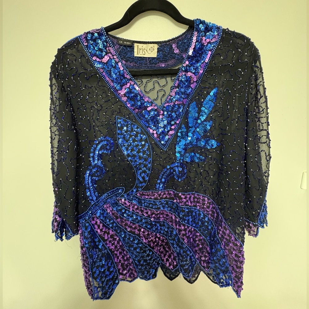 Vintage Iris Women's Black Top with Blue and Purple Beading